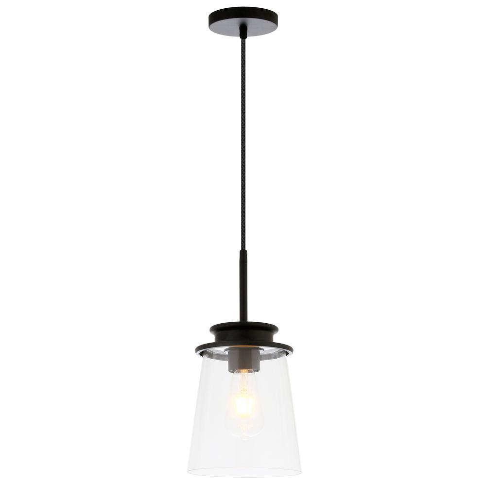 Elwood 7.12" Wide Pendant with Glass Shade in Blackened Bronze/Clear. Picture 3