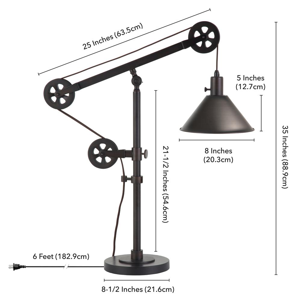 Descartes 29" Tall Pulley System Table Lamp with Metal Shade in Blackened Bronze/Blackened Bronze. Picture 5