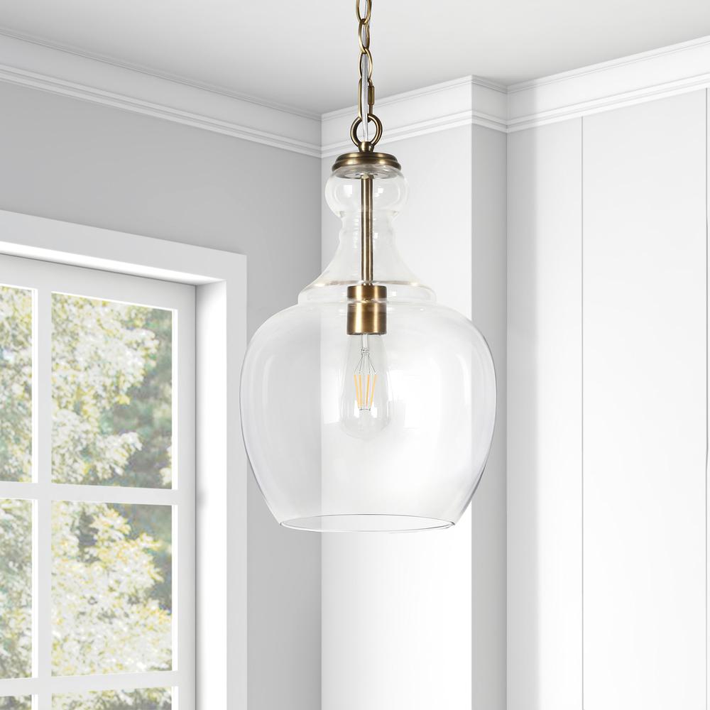 Verona 11" Wide Pendant with Glass Shade in Brass/Clear. Picture 4