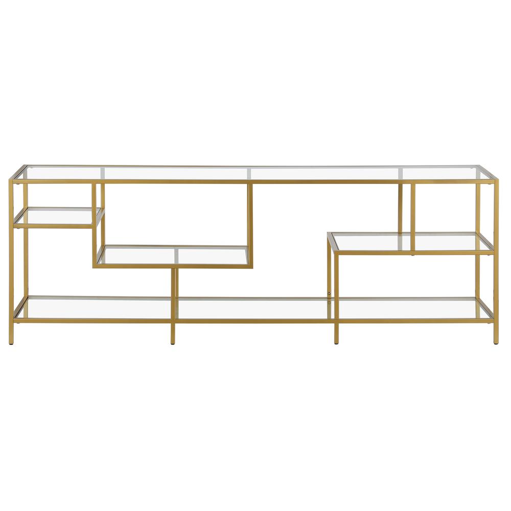 Deveraux Rectangular TV Stand with Glass Shelves for TV's up to 75" in Brass. Picture 3