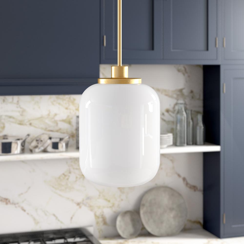 Agnolo 9.62" Wide Pendant with Glass Shade in Brass/White Milk. Picture 2