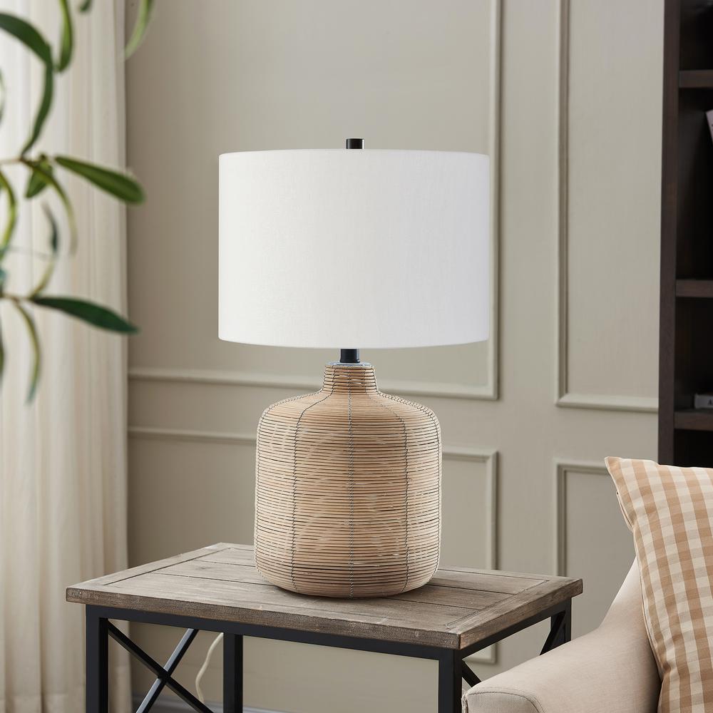 Jolina 20.5" Tall Petite/Rattan Table Lamp with Fabric Shade in Natural Rattan/Brass /White. Picture 2
