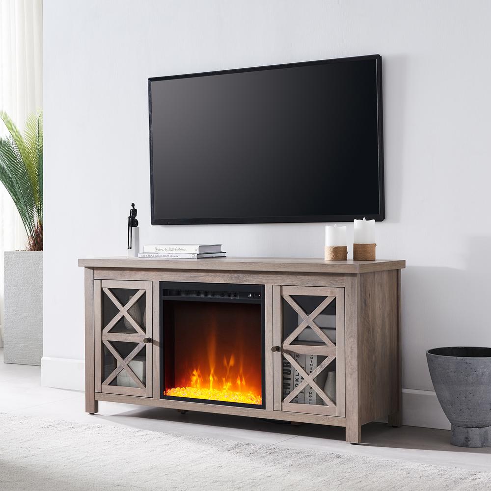 Colton Rectangular TV Stand with Crystal Fireplace for TV's up to 55" in Gray Oak. Picture 2