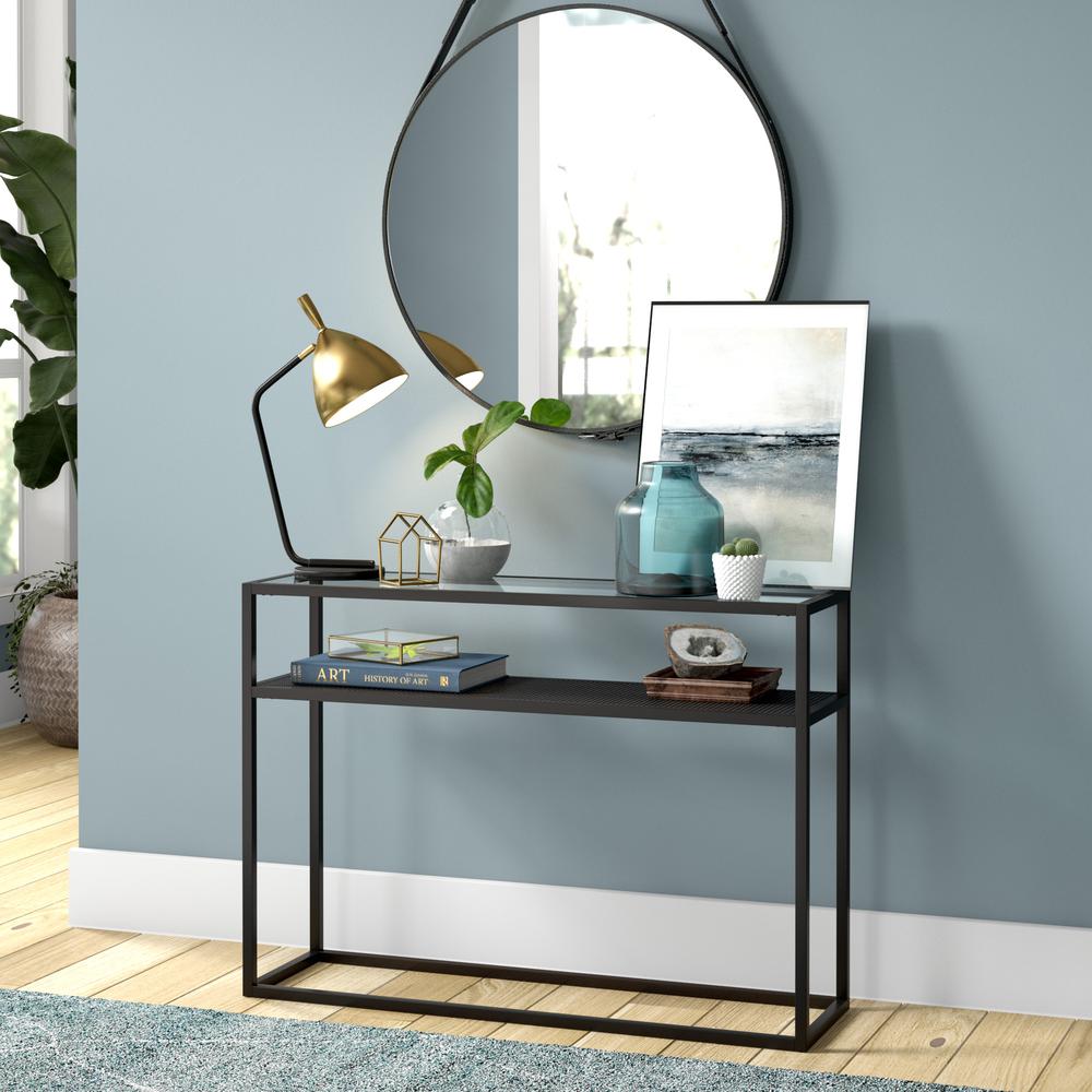 Nellie 42'' Wide Rectangular Console Table with Metal Mesh Shelf in Blackened Bronze. Picture 4
