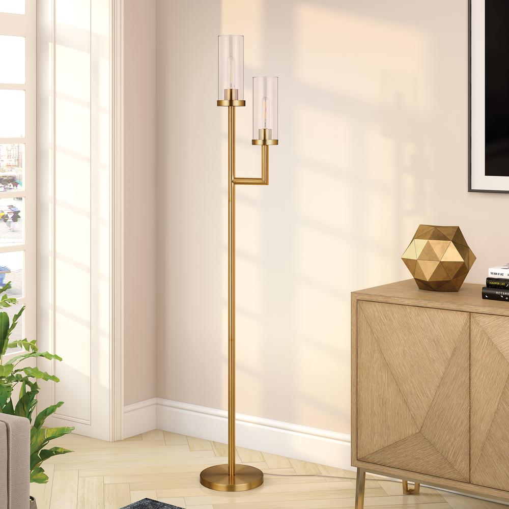 Basso 2-Light Torchiere Floor Lamp with Glass Shade in Brass/Clear. Picture 2
