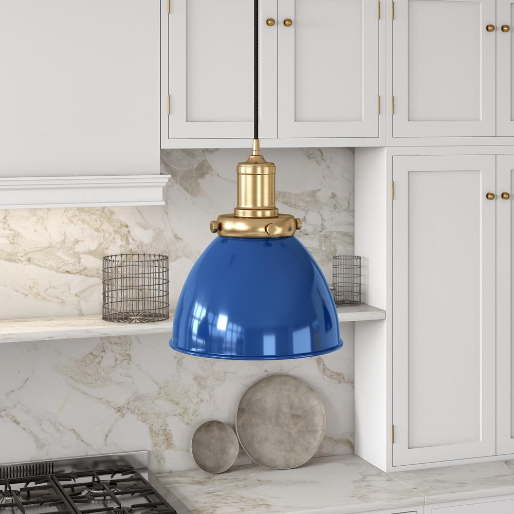 Madison 8" Wide Pendant with Metal Shade in Blue/Brass/Blue. Picture 2