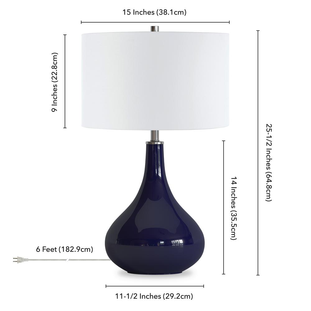 Mirabella 25.5" Tall Table Lamp with Fabric Shade in Navy Blue Glass/White. Picture 5