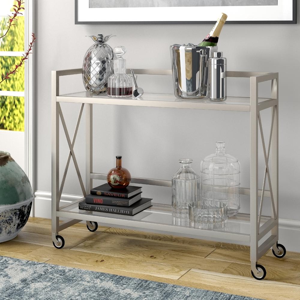 Holly 38'' Wide Rectangular Bar Cart in Satin Nickel. Picture 2