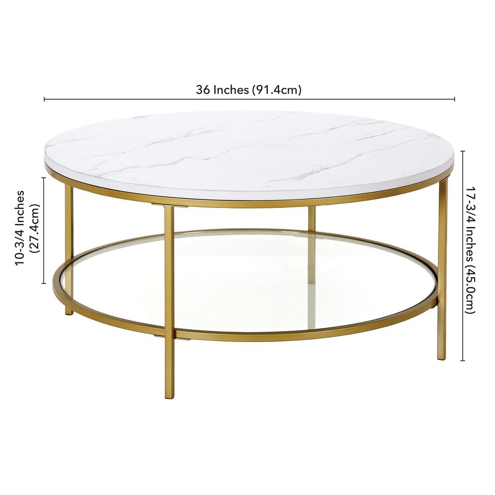 Sivil 36'' Wide Round Coffee Table with Faux Marble Top in Gold. Picture 5