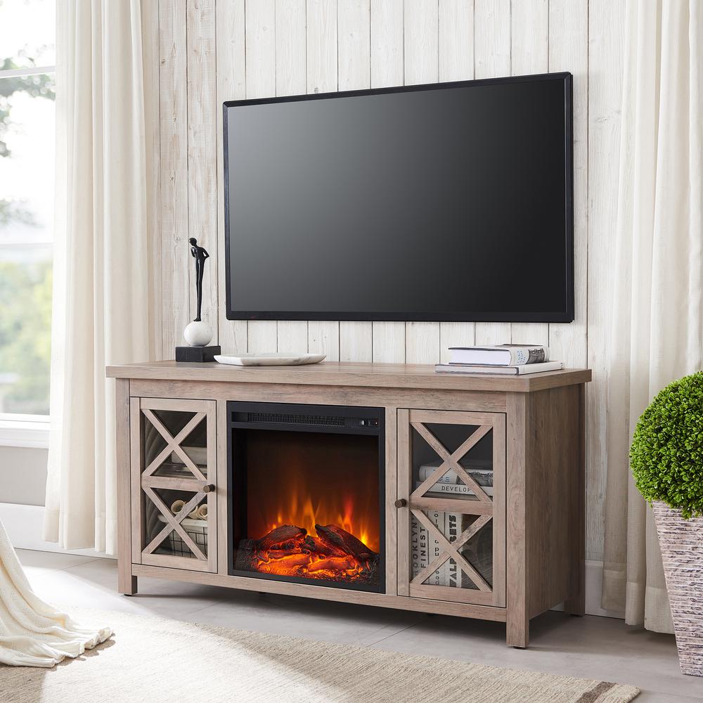 Colton Rectangular TV Stand with Log Fireplace for TV's up to 55" in Gray Oak. Picture 2