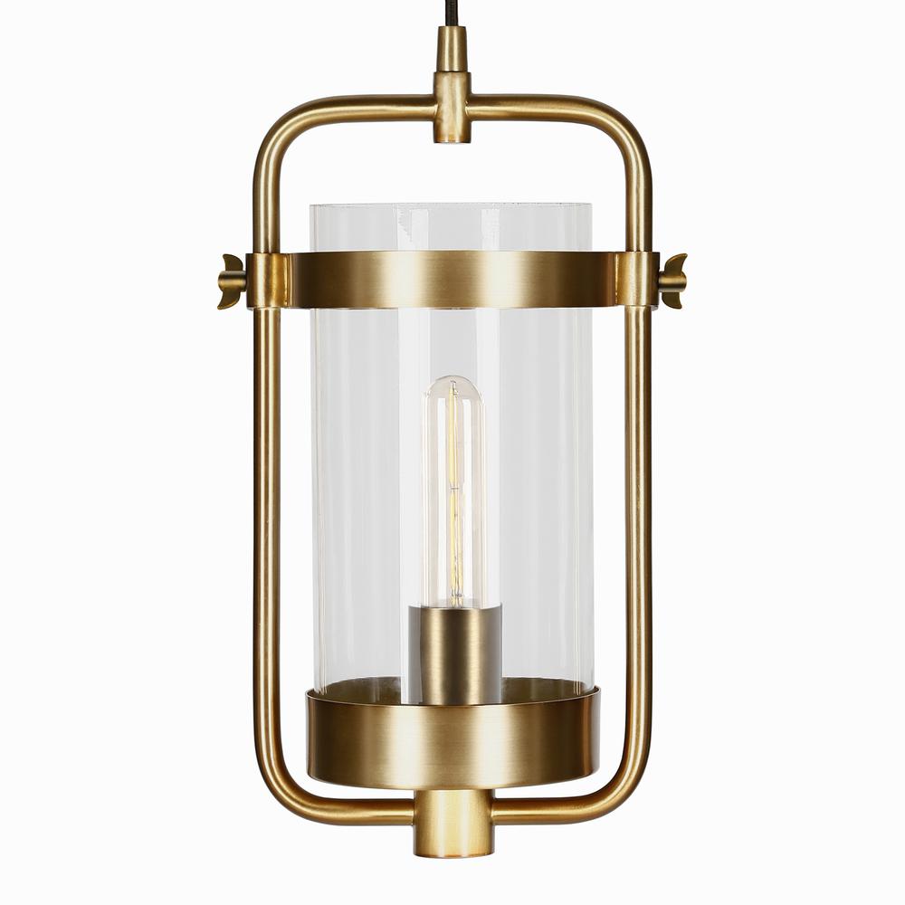 Orion 11" Wide Industrial Pendant with Glass Shade in Brass/Clear. Picture 3