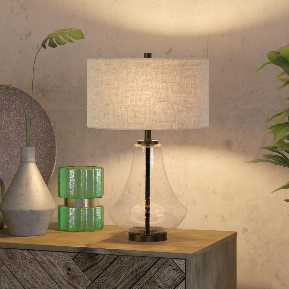 Lagos 23" Tall Table Lamp with Fabric Shade in Seeded Glass/Antique Bronze/Flax. Picture 2