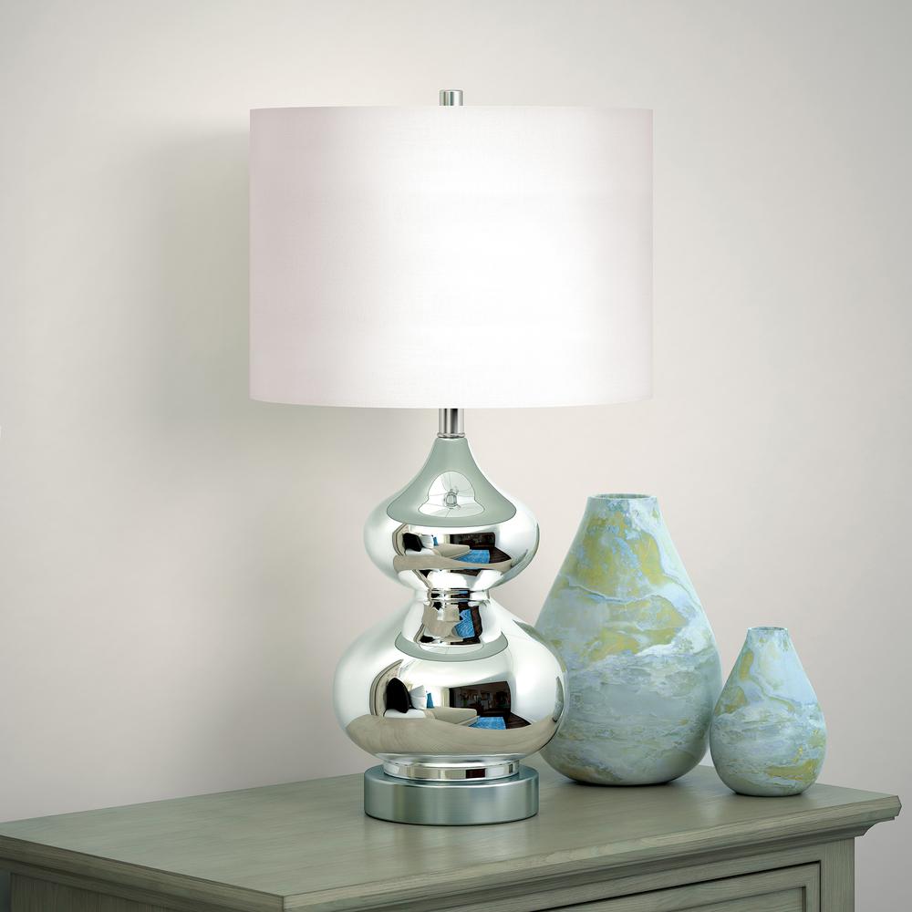 Katrin 23.5" Tall Table Lamp with Fabric Shade in Polished Nickel Glass/Satin Nickel/White. Picture 2