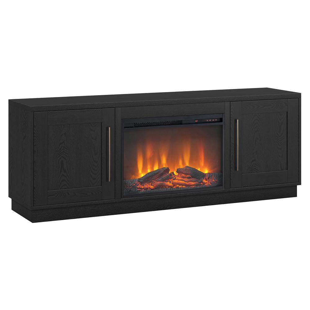 Tillman Rectangular TV Stand with Log Fireplace for TV's up to 80" in Black Grain. Picture 1