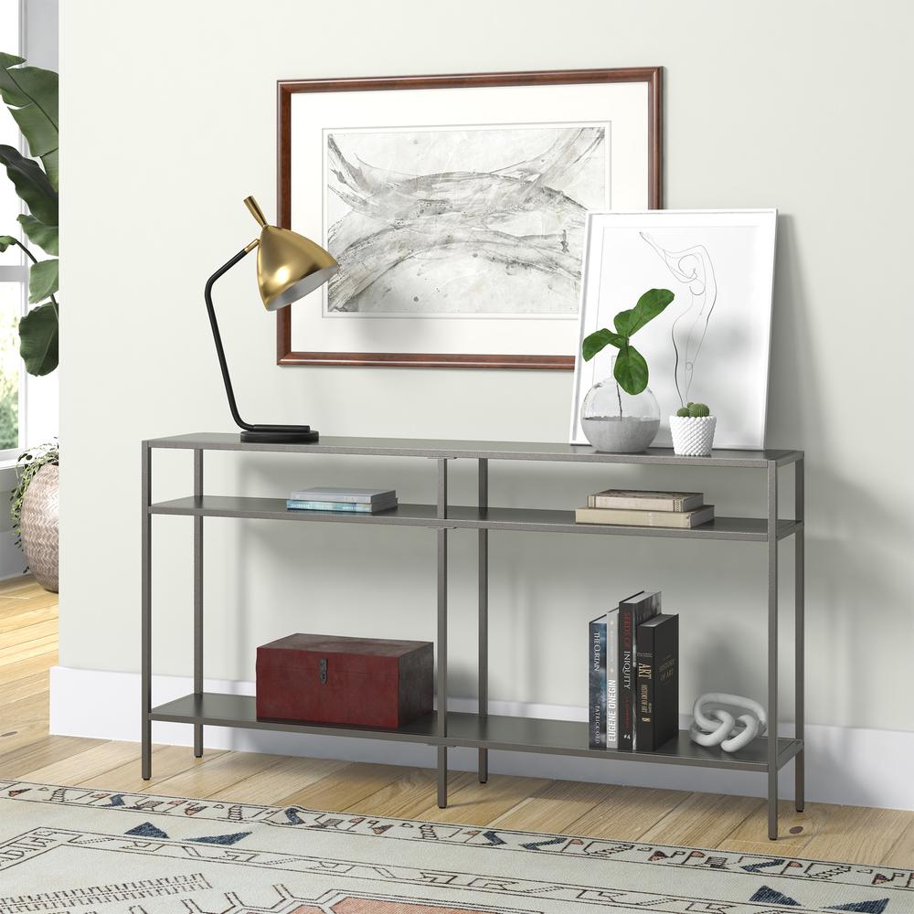 Sivil 55'' Wide Rectangular Console Table with Metal Shelves in Gunmetal Gray. Picture 4