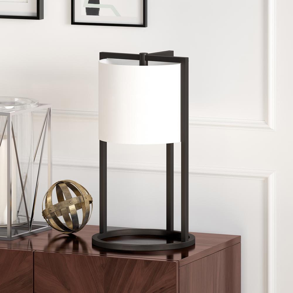 Peyton 22" Tall Asymmetric Table Lamp with Fabric Shade in Blackened Bronze/White. Picture 2
