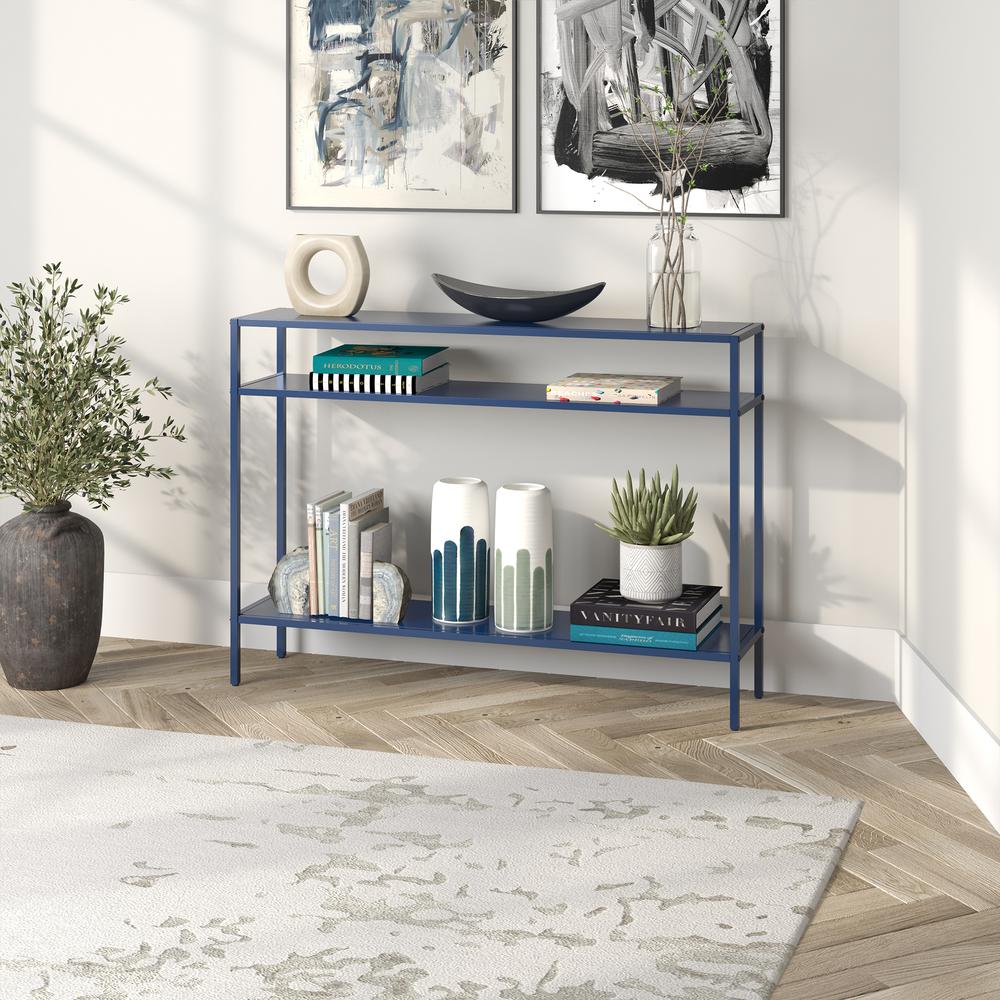 Ricardo 42'' Wide Rectangular Console Table with Metal Shelves in Mykonos Blue. Picture 4