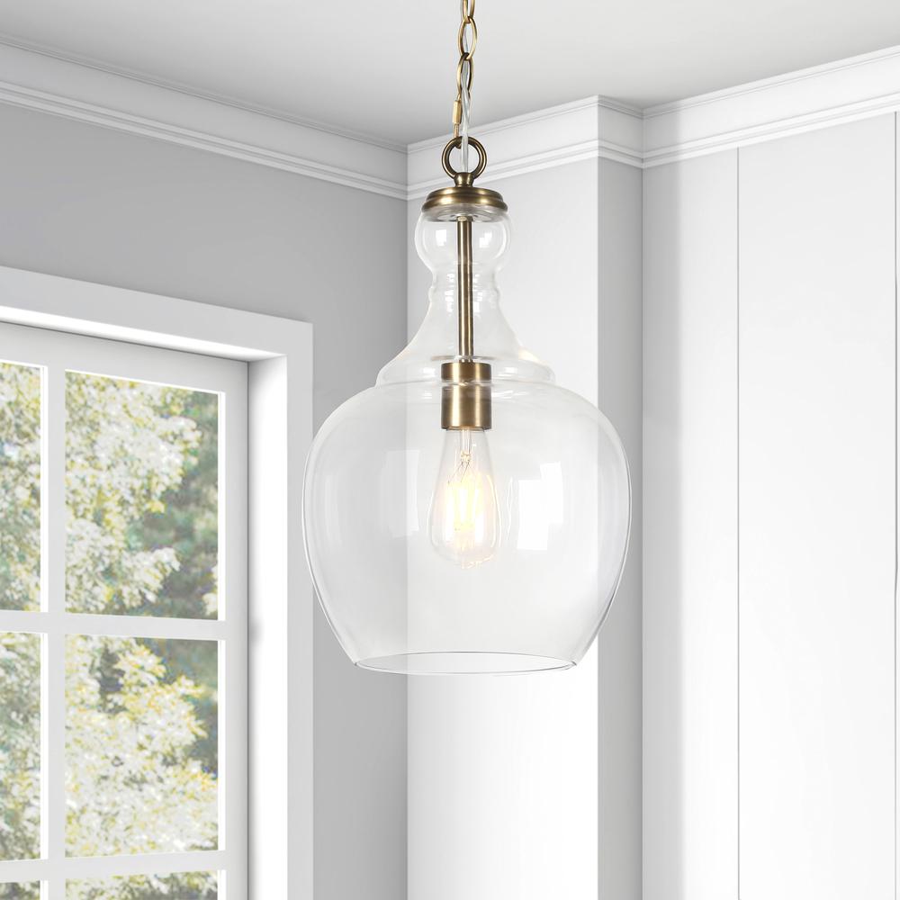 Verona 11" Wide Pendant with Glass Shade in Brass/Clear. Picture 2