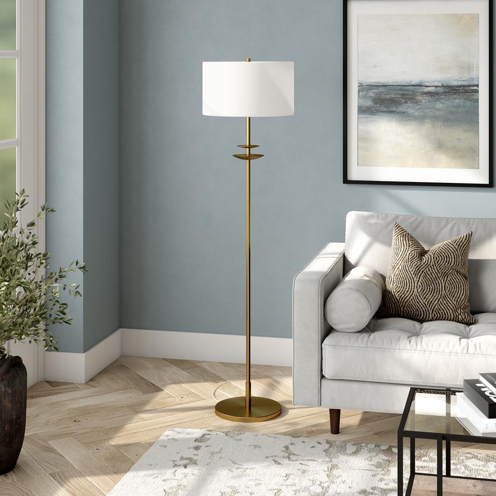 Avery 63" Tall Floor Lamp with Fabric Shade in Brass/White. Picture 2