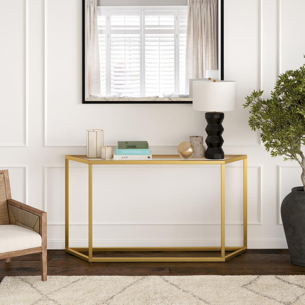 Levi 55'' Wide Trapezoid Console Table in Brass. Picture 4