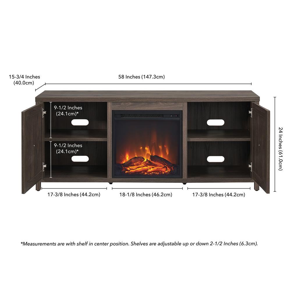 Granger Rectangular TV Stand with Log Fireplace for TV's up to 65" in Alder Brown. Picture 5