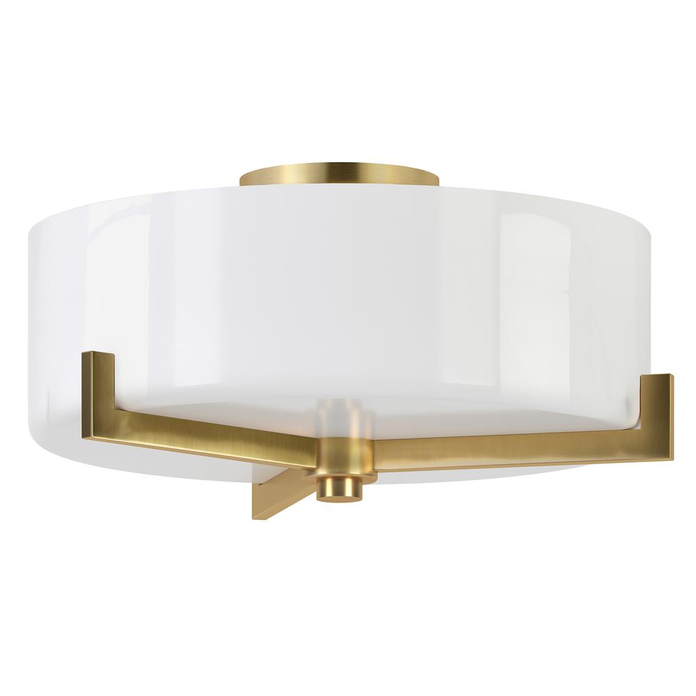 Hamlin 17" Wide 2-Light Semi Flush Mount with Glass Shade in Brushed Brass/White. Picture 1