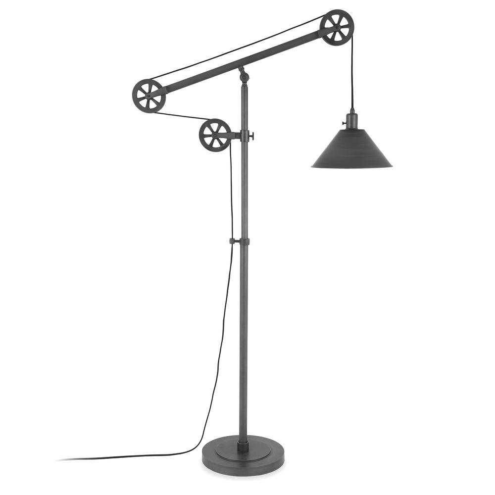 Descartes Pulley System Floor Lamp with Metal Shade in Aged Steel/Aged Steel. Picture 1