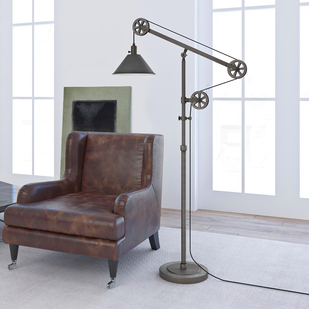 Descartes Pulley System Floor Lamp with Metal Shade in Aged Steel/Aged Steel. Picture 2