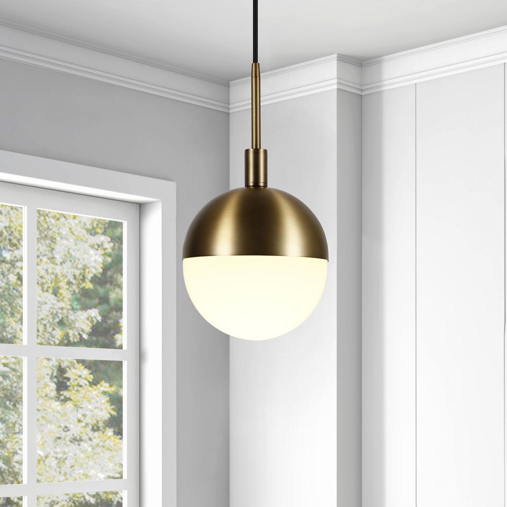 Orb 8" Wide Small Pendant with Glass Shade in Brass/White Milk. Picture 4