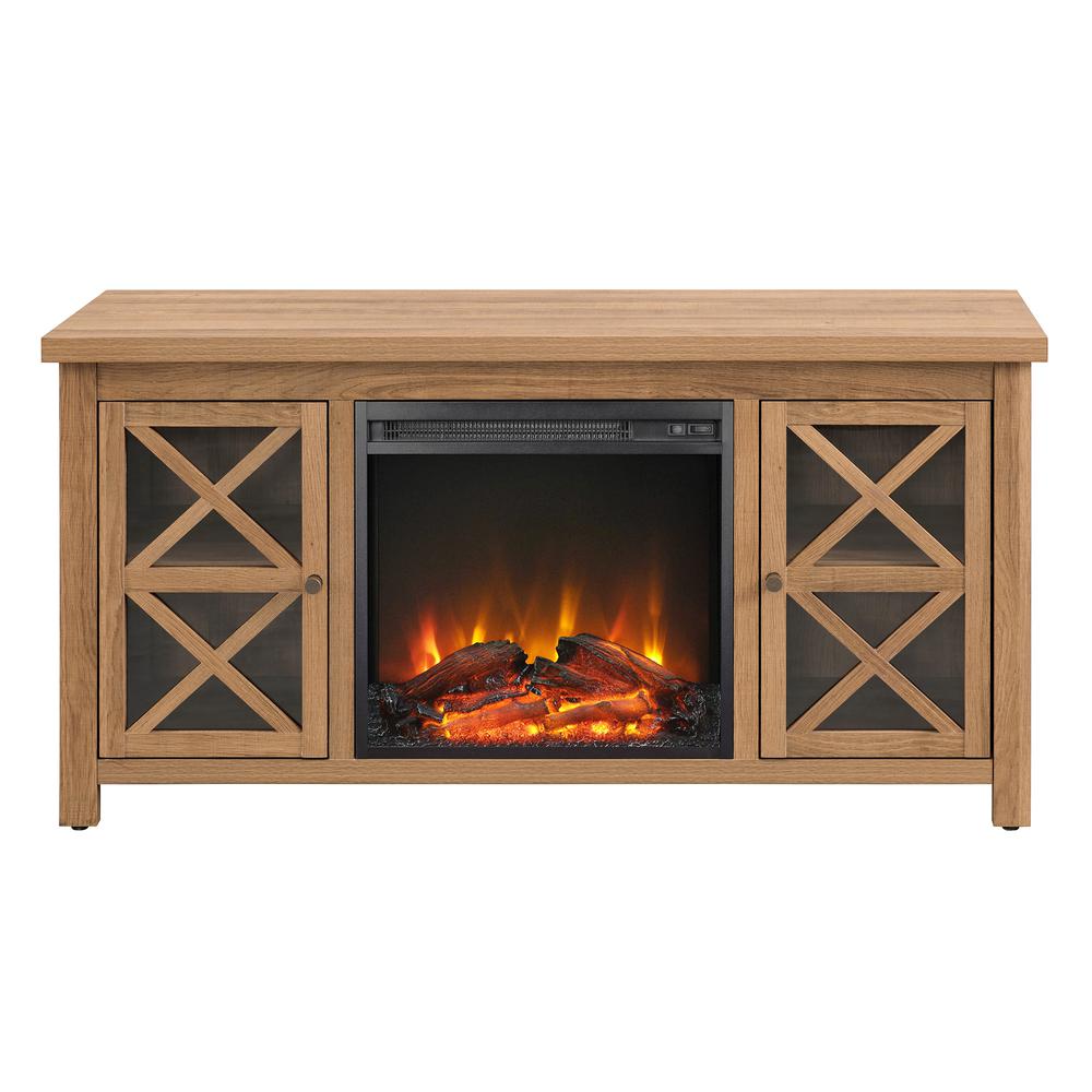 Colton Rectangular TV Stand with Log Fireplace for TV's up to 55" in Golden Oak. Picture 3