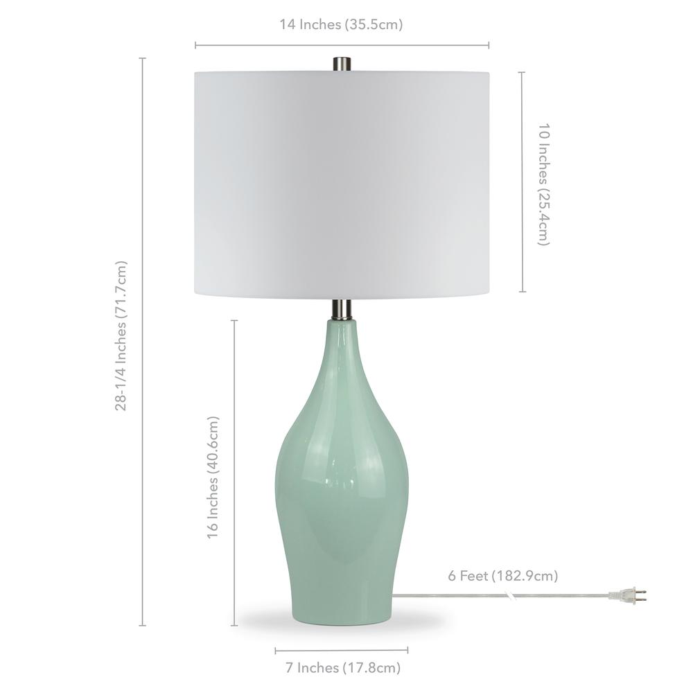 Bella 28.25" Tall Porcelain Table Lamp with Fabric Shade in Teal Porcelain/White. Picture 4