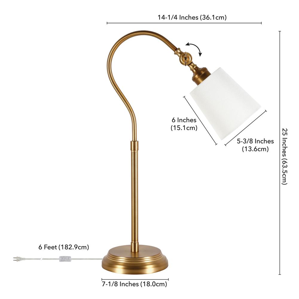 Harland 25" Tall Arc Table Lamp with Fabric Shade in Brushed Brass/White. Picture 4