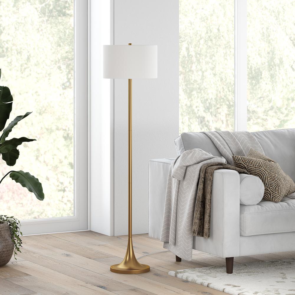 Josephine 62" Tall Floor Lamp with Fabric Shade in Brass/White. Picture 2