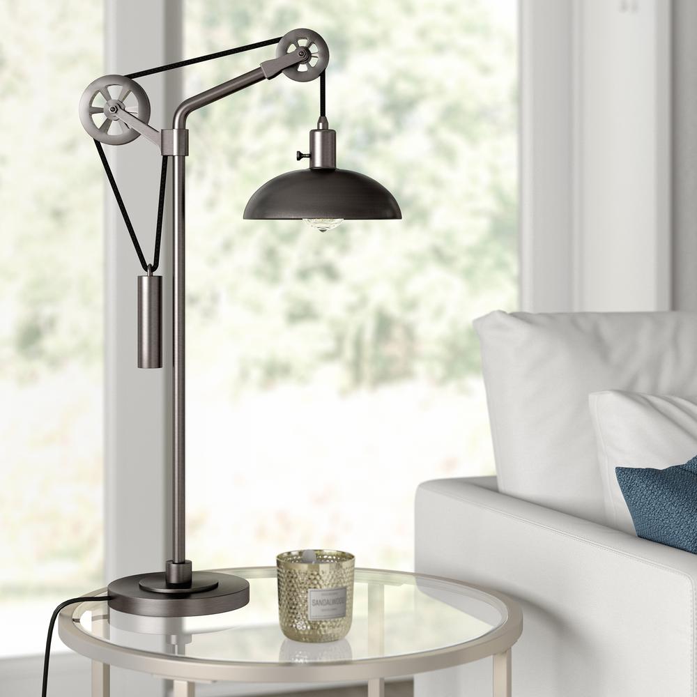 Neo 33.5" Tall Spoke Wheel Pulley System Table Lamp with Metal Shade in Aged Steel/Aged Steel. Picture 2