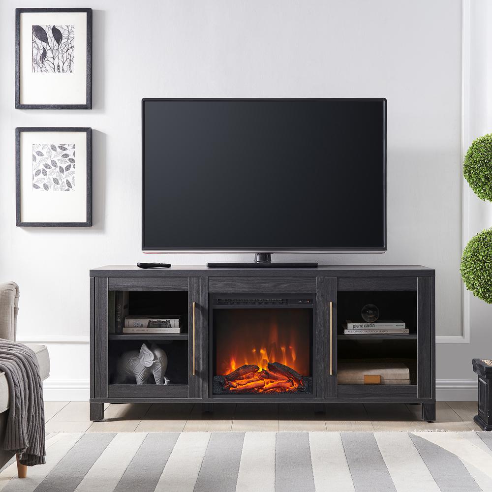 Quincy Rectangular TV Stand with Log Fireplace for TV's up to 65" in Charcoal Gray. Picture 4