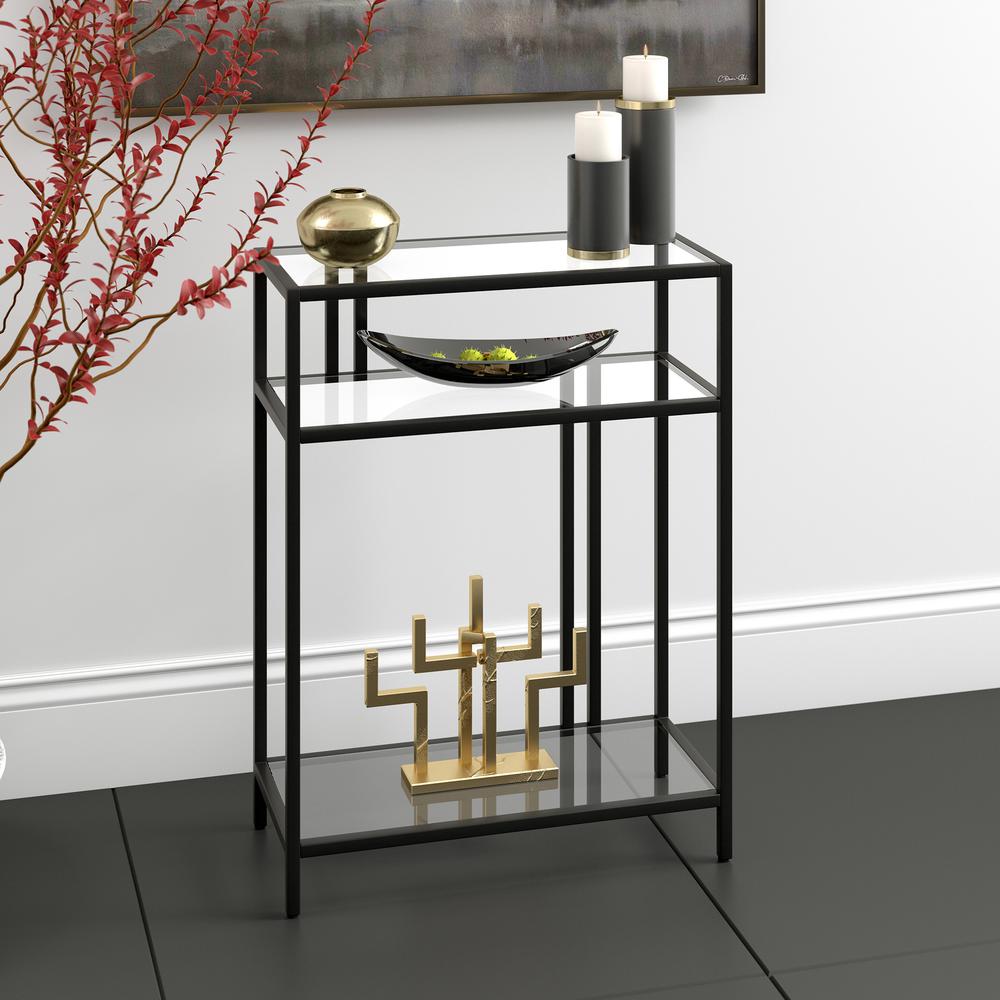 Cortland 22'' Wide Rectangular Console Table with Glass Shelves in Blackened Bronze. Picture 2
