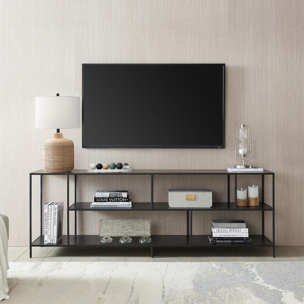 Winthrop Rectangular TV Stand with Metal Shelves for TV's up to 80" in Blackened Bronze. Picture 4