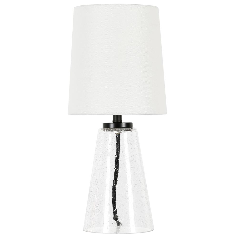 Quimby 15.75" Tall Mini Lamp with Fabric Shade in Seeded Glass/White. Picture 1
