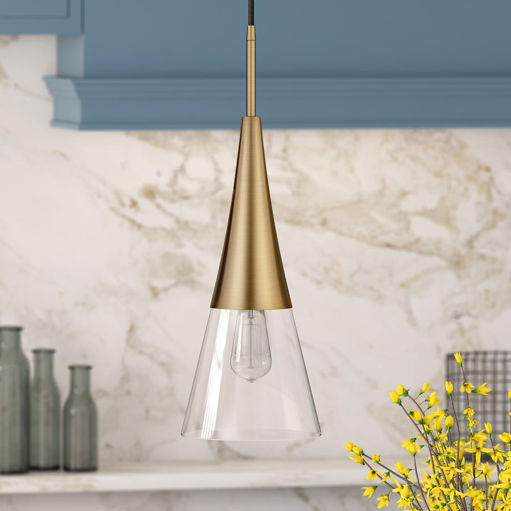 Myra 7.5" Wide Pendant with Glass Shade in Brass/Clear. Picture 2