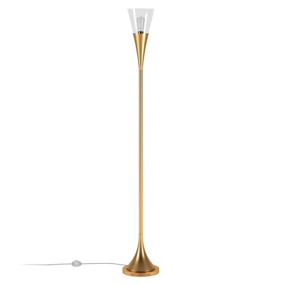 Moura Torchiere Floor Lamp with Glass Shade in Brass/Clear. Picture 3