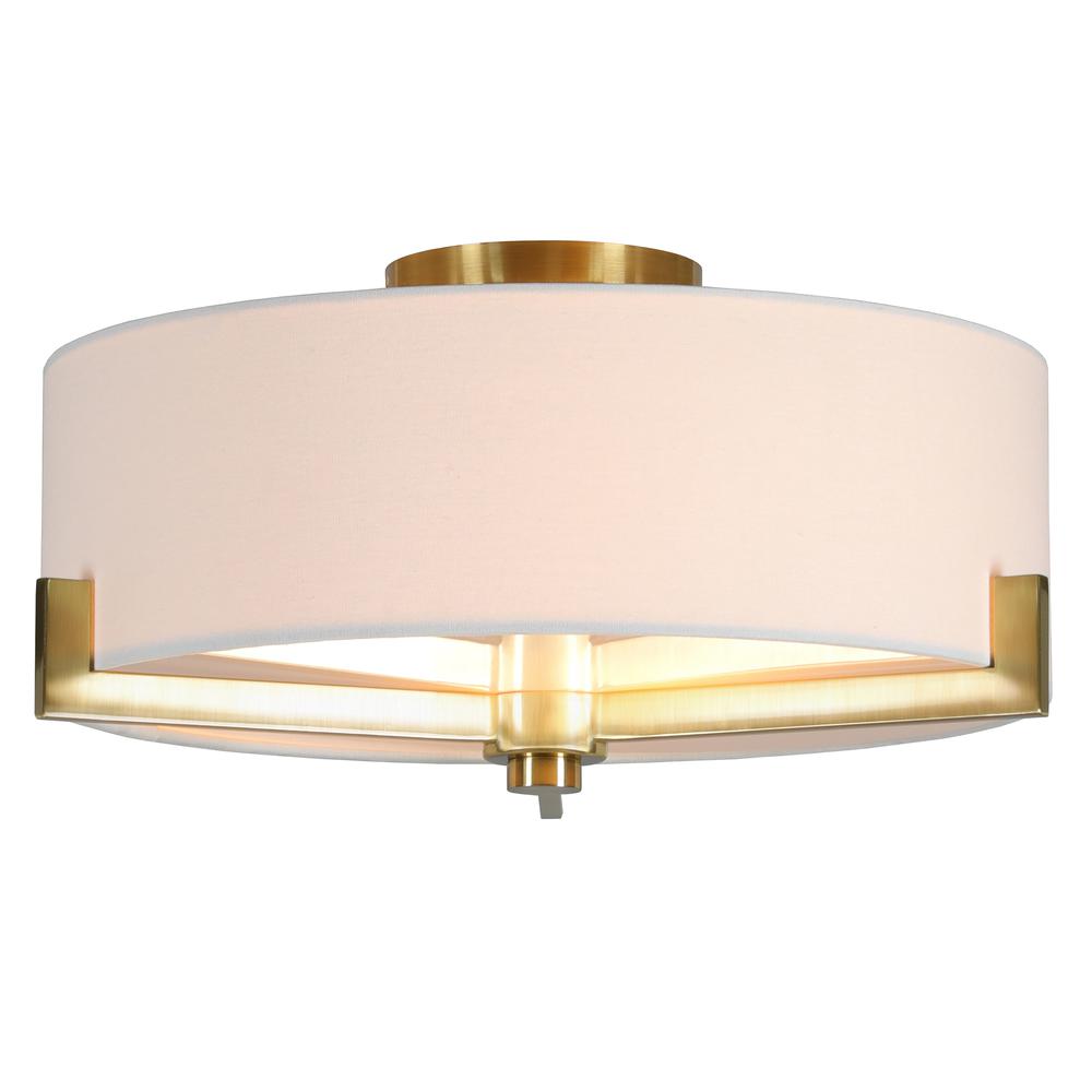 Hamlin 17" Wide 2-Light Semi Flush Mount with Fabric Shade in Brushed Brass/White. Picture 2
