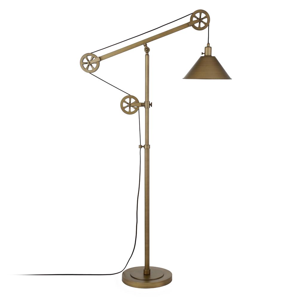 Descartes Pulley System Floor Lamp with Metal Shade in Antique Brass/Antique Brass. Picture 3