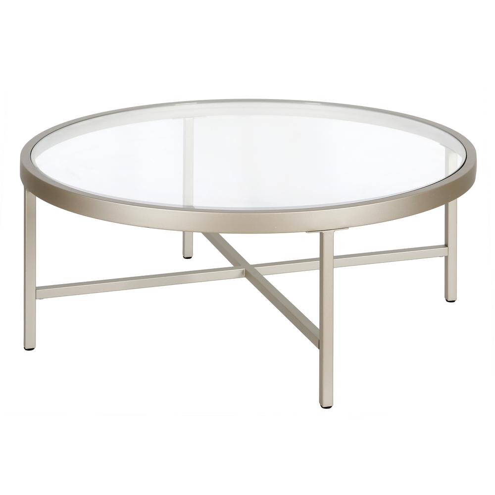 Xivil 36'' Wide Round Coffee Table with Glass Top in Satin Nickel. Picture 1