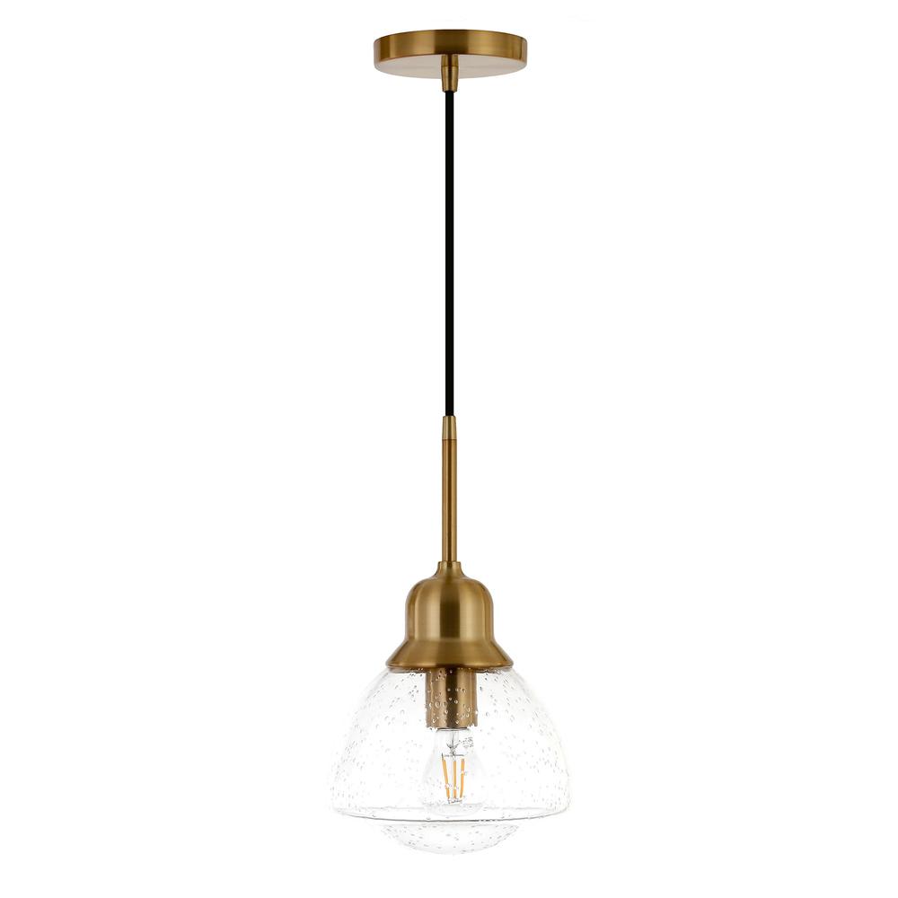 Brooks 8.12" Wide Pendant with Glass Shade in Brass/Seeded. Picture 1
