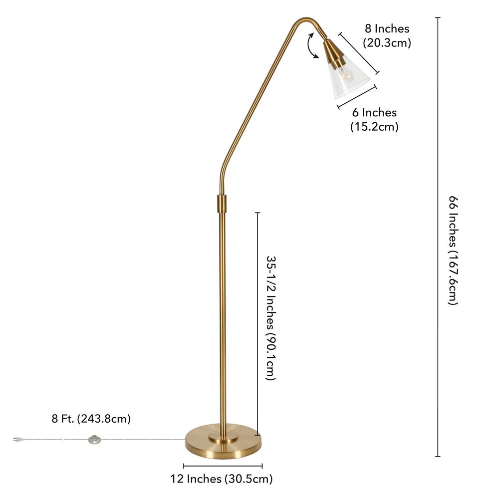 Challice Arc Floor Lamp with Glass Shade in Brass/Clear. Picture 5