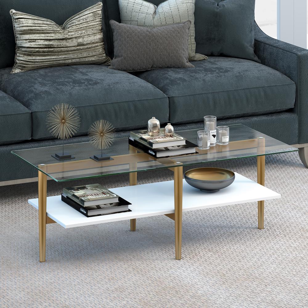 Otto 47'' Wide Rectangular Coffee Table with MDF Shelf in Brass and White Lacquer. Picture 2