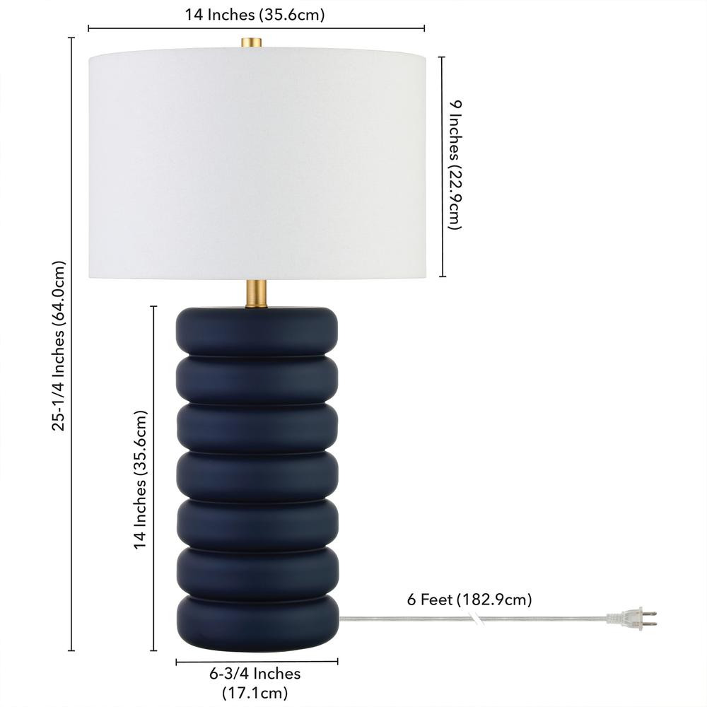 Zelda 25" Tall Ceramic Bubble Body Table Lamp with Fabric Shade in Matte Navy/Brass/White. Picture 5