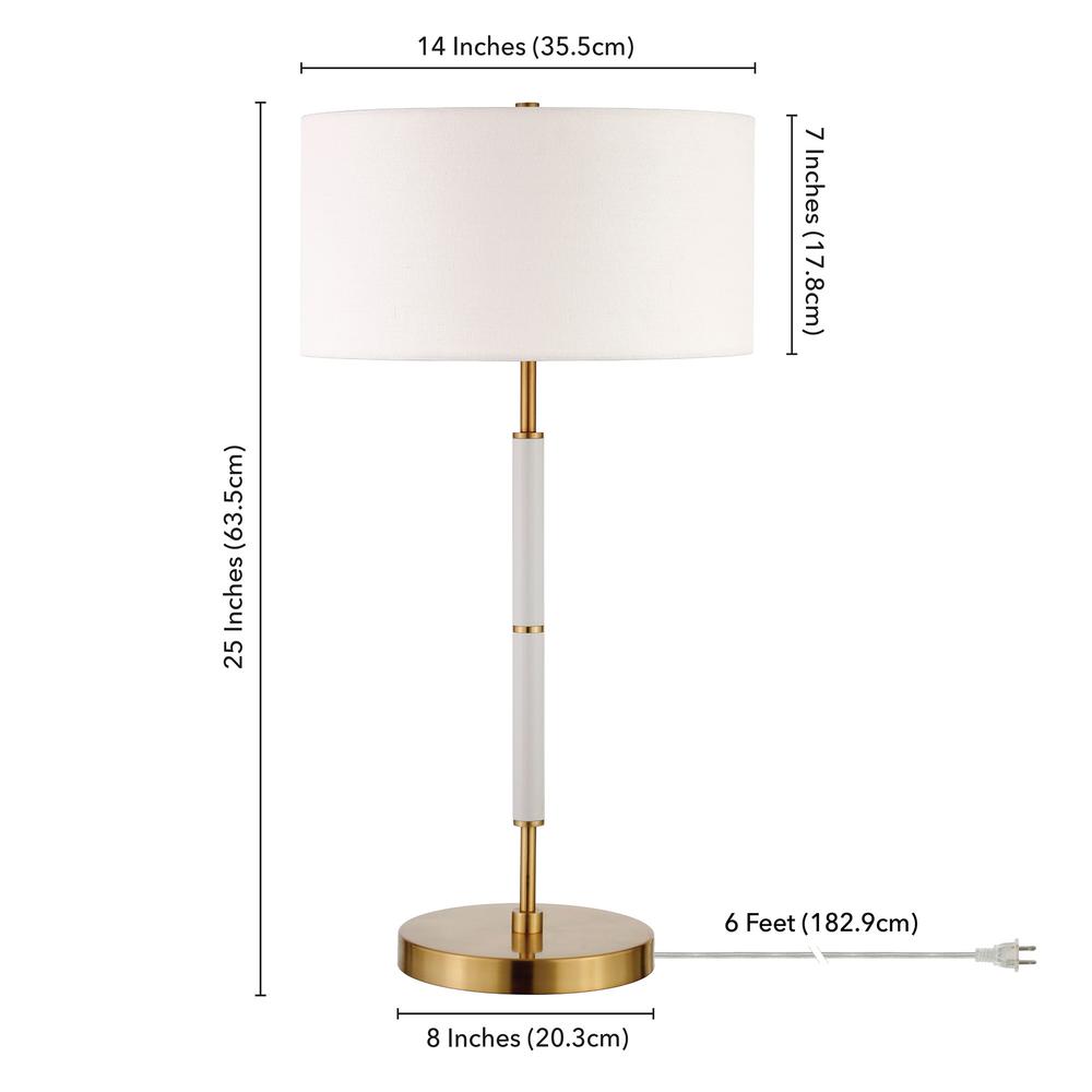 Simone 25" Tall 2-Light Table Lamp with Fabric Shade in Matte White/Brass /White. Picture 4