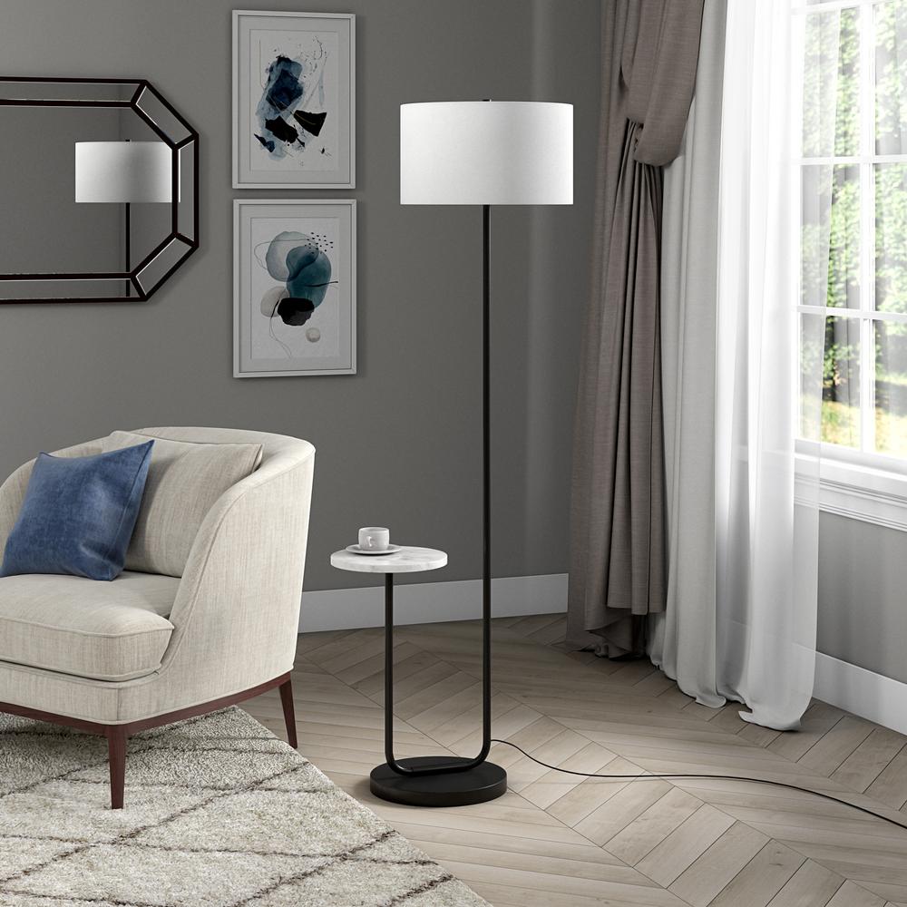 Floor Lamp with Marble Tray Table and Fabric Shade in Blackened Bronze/White. Picture 4