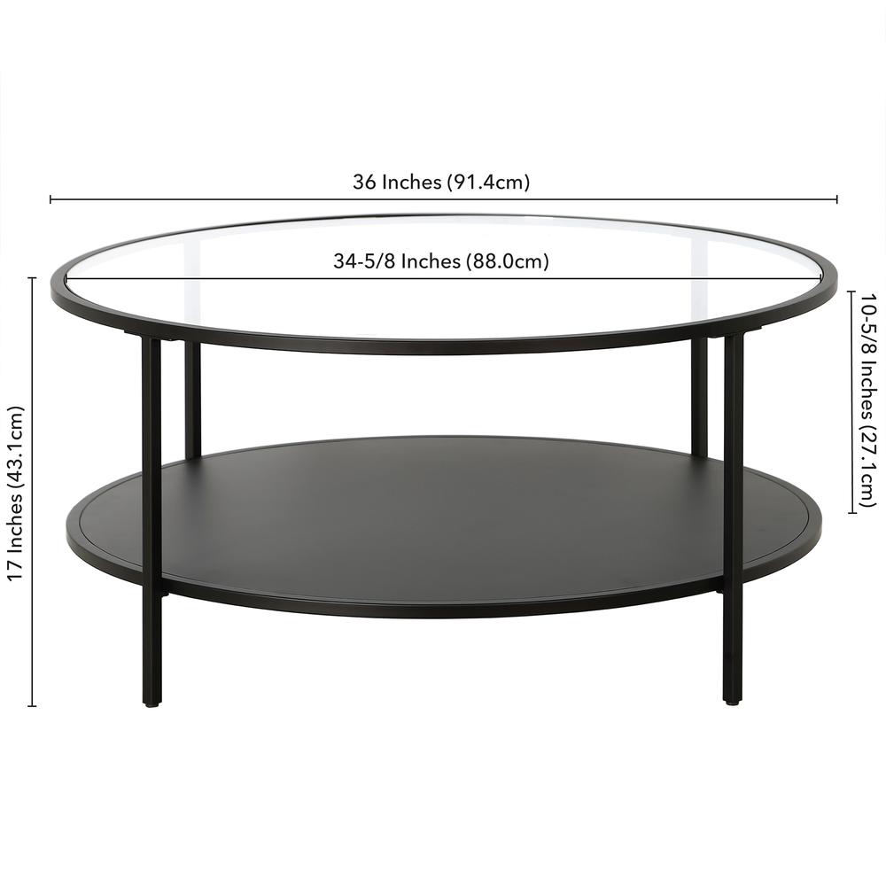 Sivil 36'' Wide Round Coffee Table with Glass Top and Metal Shelf in Blackened Bronze. Picture 5